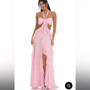 Lucy in the Sky Pink Chiffon Maxi Size Medium Baby Shower Dress Backless Flower